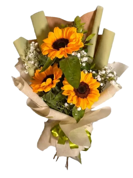 Mazzo Raggio di Sole con tre girasoli e velo da sposa in carta naturale