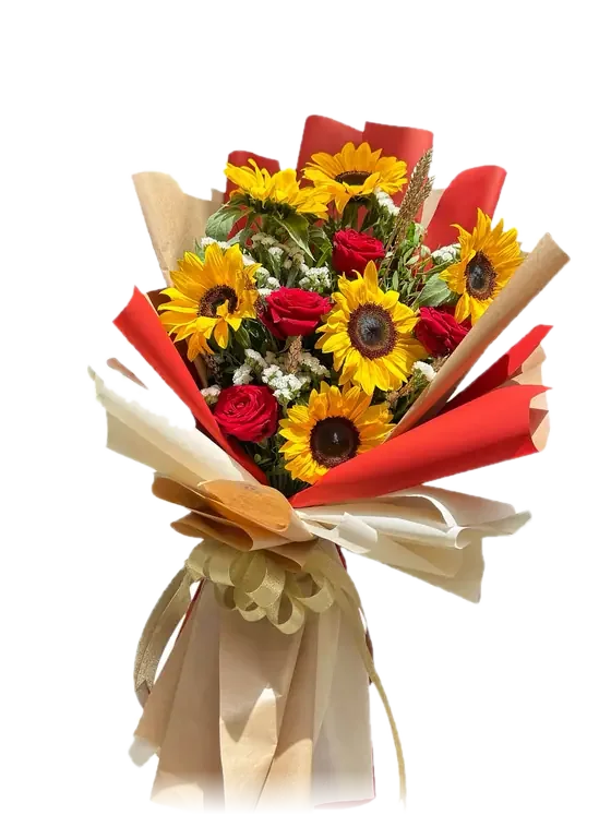 Bouquet Sole d'Estate con girasoli e rose rosse